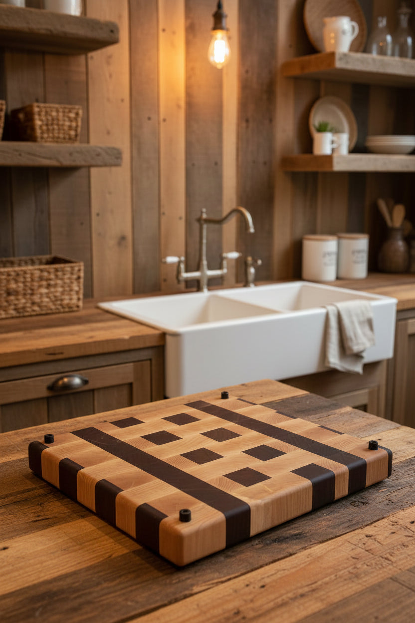 Handcrafted End‑Grain Butcher Block – 13.5" × 13.5" × 2" Black Walnut & Hard Northern Maple with Rubber Feet