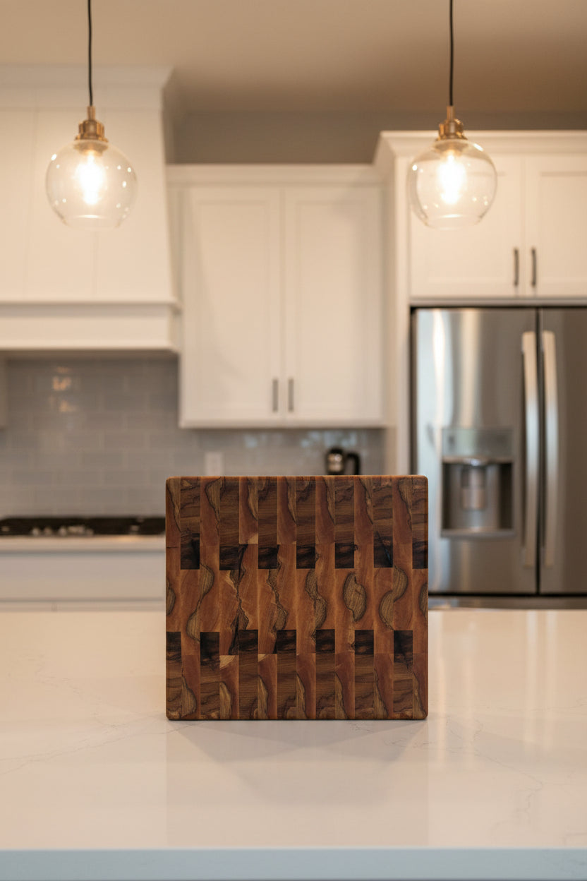 Handcrafted End‑Grain Butcher Block – 11.5" × 13.5" × 2" African Wild Olive with Stainless Steel Feet