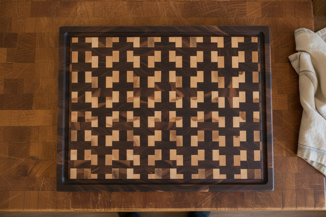 Handcrafted XL End Grain Butcher Block – 15" × 21" × 2" Black Walnut & Northern Hard Maple with Juice Groove + Stainless Steel Feet