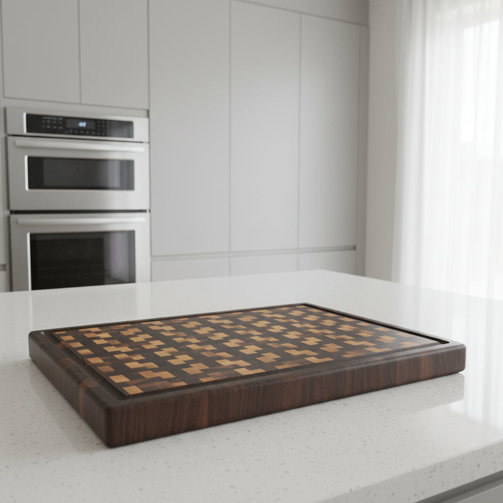 Handcrafted XL End Grain Butcher Block – 15" × 21" × 2" Black Walnut & Northern Hard Maple with Juice Groove + Stainless Steel Feet