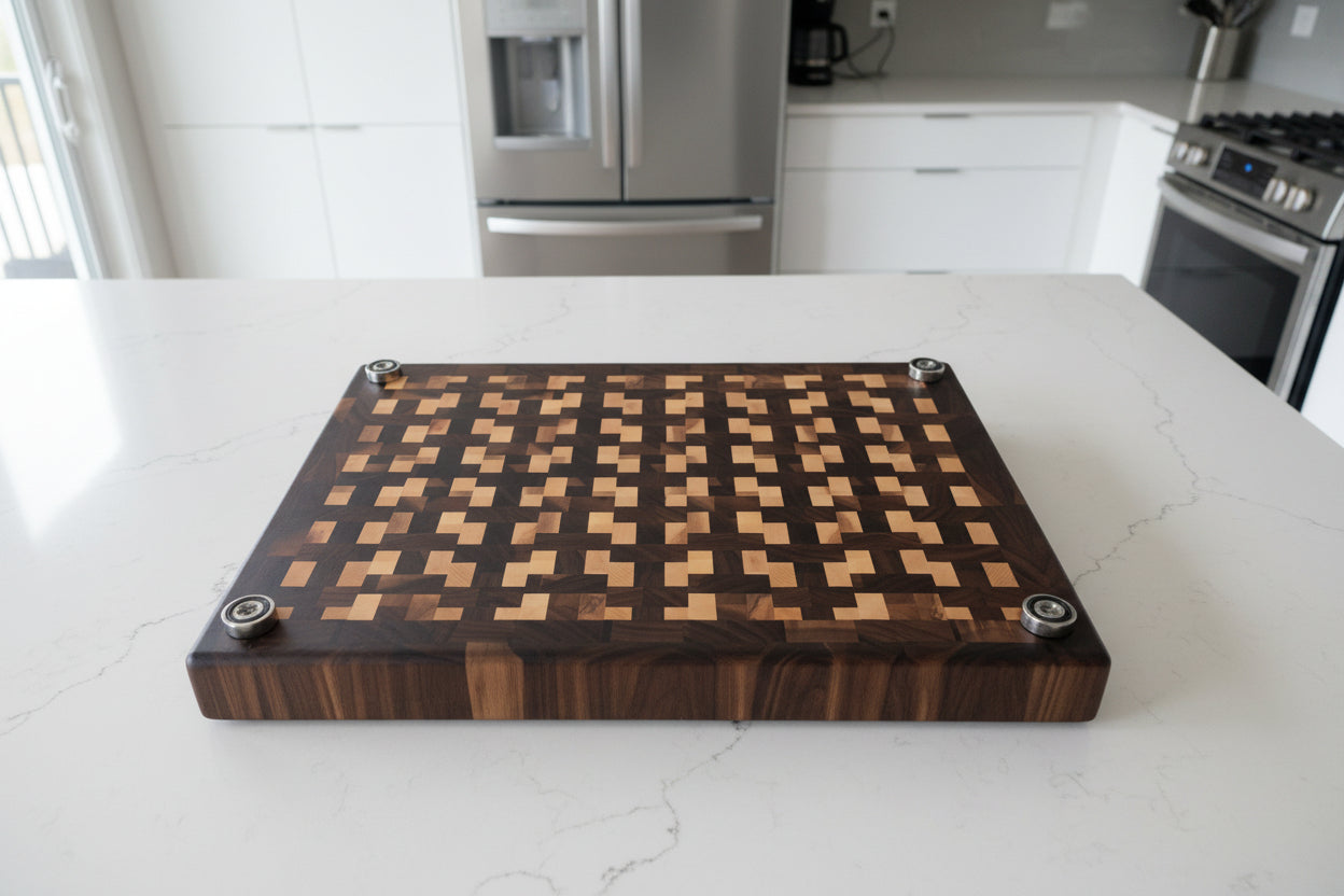 Handcrafted XL End Grain Butcher Block – 15" × 21" × 2" Black Walnut & Northern Hard Maple with Juice Groove + Stainless Steel Feet