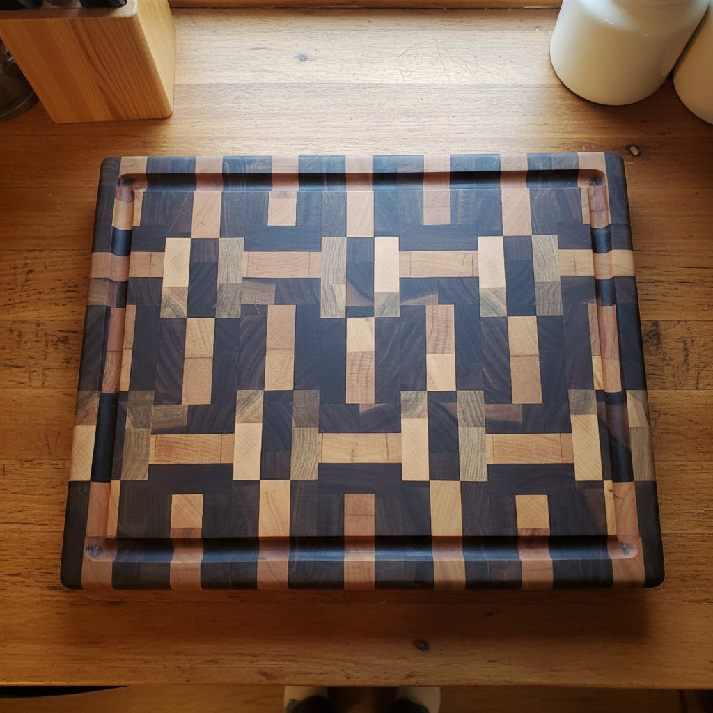 Handcrafted End Grain Cutting Board – 11.5" × 15" × 2" Walnut, Cherry & Hard Maple with Juice Groove + Stainless Steel Feet