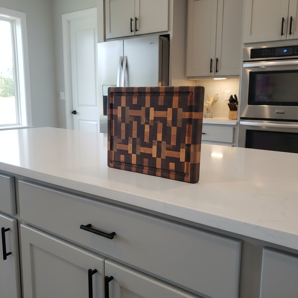 Handcrafted End Grain Cutting Board – 11.5" × 15" × 2" Walnut, Cherry & Hard Maple with Juice Groove + Stainless Steel Feet