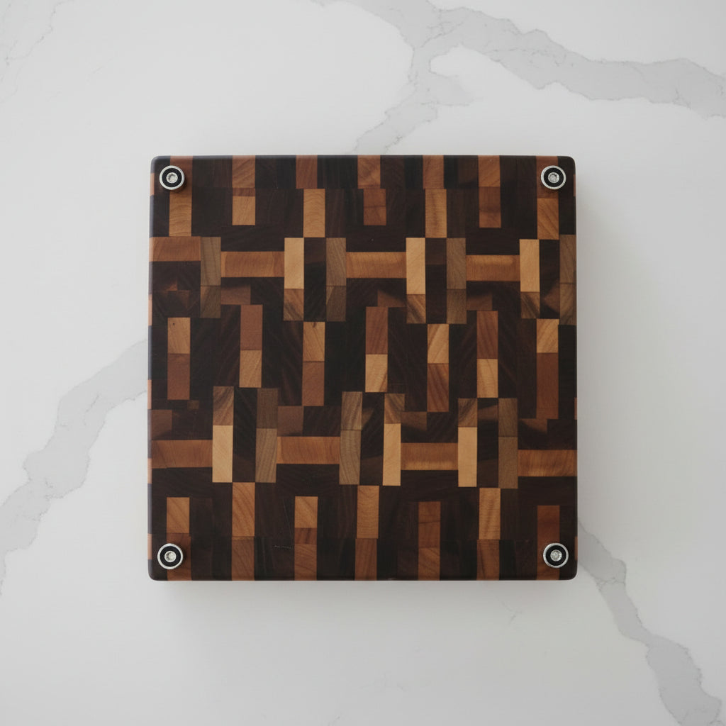 Handcrafted End Grain Cutting Board – 11.5" × 15" × 2" Walnut, Cherry & Hard Maple with Juice Groove + Stainless Steel Feet