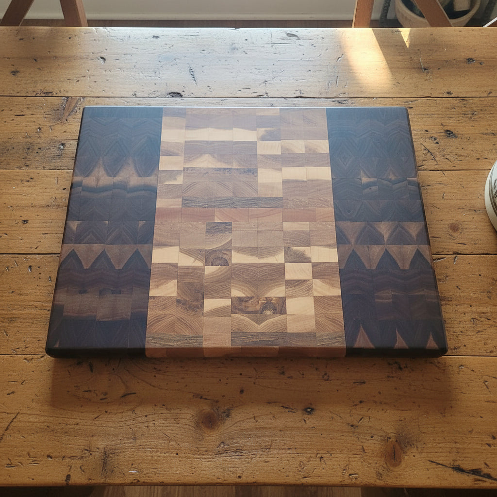 Handcrafted End Grain Cutting Board – 13.75" × 18" × 1" Black Walnut, Cherry & Hard Maple with Stainless Steel Feet