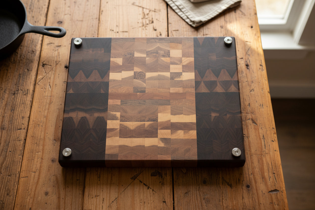 Handcrafted End Grain Cutting Board – 13.75" × 18" × 1" Black Walnut, Cherry & Hard Maple with Stainless Steel Feet