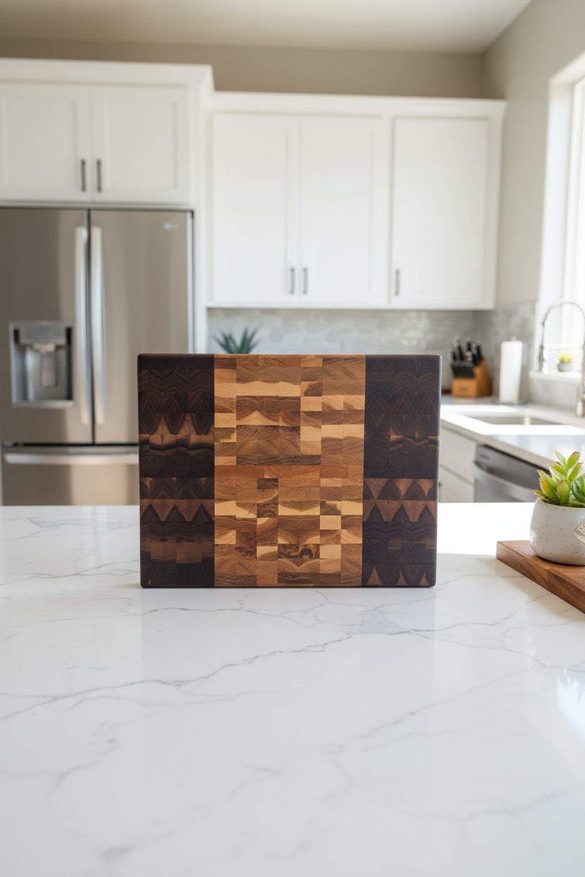 Handcrafted End Grain Cutting Board – 13.75" × 18" × 1" Black Walnut, Cherry & Hard Maple with Stainless Steel Feet