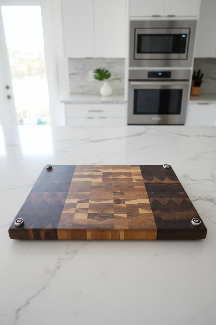 Handcrafted End Grain Cutting Board – 13.75" × 18" × 1" Black Walnut, Cherry & Hard Maple with Stainless Steel Feet