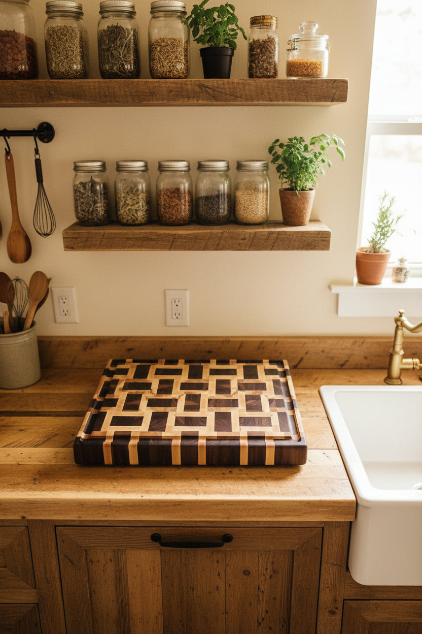 Handcrafted End Grain Cutting Board – 16" × 20" × 2" Basket Weave Walnut & Maple with Juice Groove + Rubber Feet