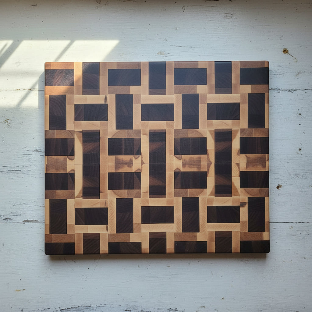 Handcrafted End Grain Cutting Board – 16" × 20" × 2" Basket Weave Walnut & Maple with Juice Groove + Rubber Feet