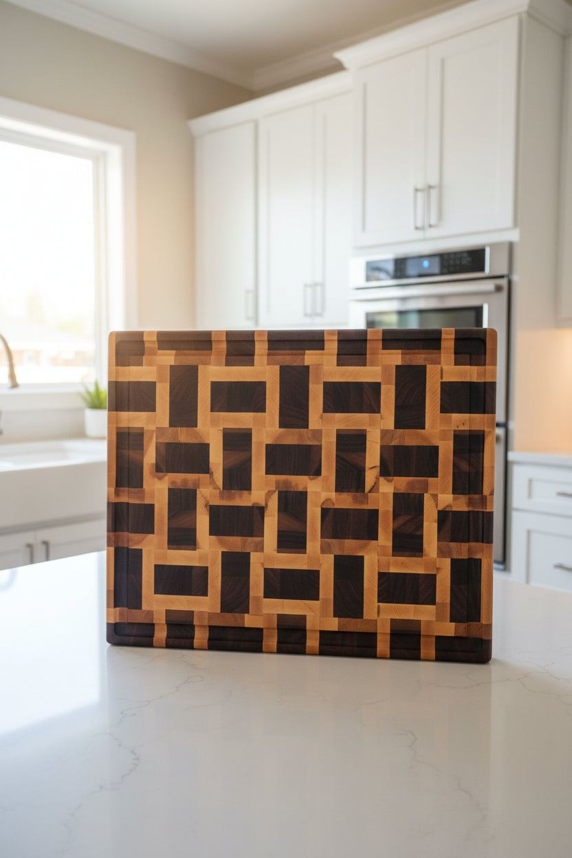 Handcrafted End Grain Cutting Board – 16" × 20" × 2" Basket Weave Walnut & Maple with Juice Groove + Rubber Feet
