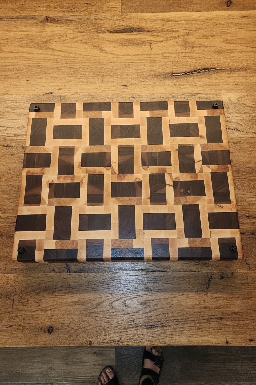 Handcrafted End Grain Cutting Board – 16" × 20" × 2" Basket Weave Walnut & Maple with Juice Groove + Rubber Feet