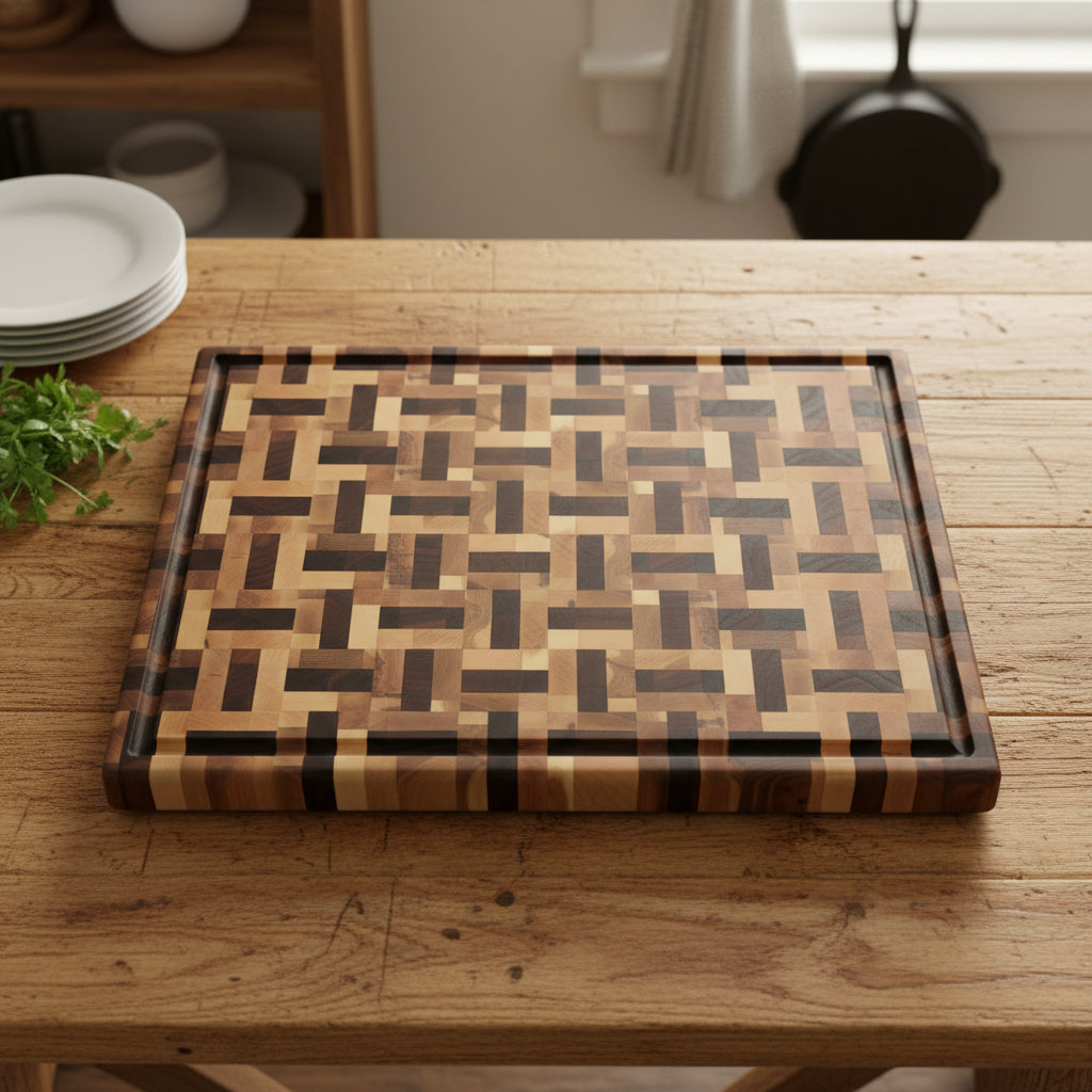 Handcrafted XL 16.5”x22.25”x2” Basket Weave End Grain Cutting Board – Black Walnut & Hard Maple with Juice Groove + Rubber Feet
