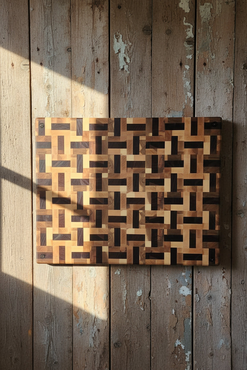 Handcrafted XL 16.5”x22.25”x2” Basket Weave End Grain Cutting Board – Black Walnut & Hard Maple with Juice Groove + Rubber Feet