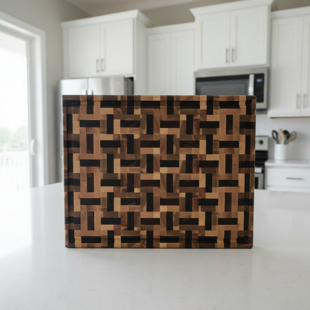 Handcrafted XL 16.5”x22.25”x2” Basket Weave End Grain Cutting Board – Black Walnut & Hard Maple with Juice Groove + Rubber Feet