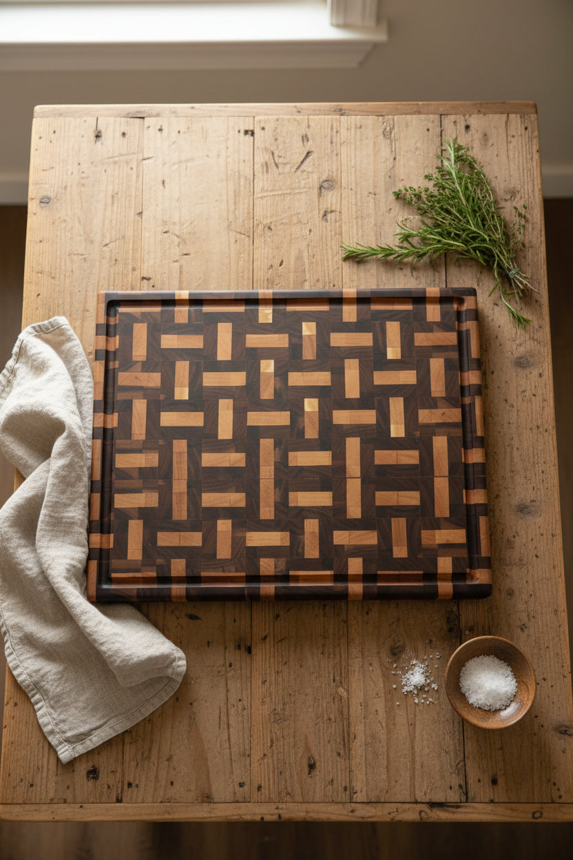 Handcrafted End Grain Cutting Board – 15" × 21" × 2" Walnut & Cherry Basket Weave with Juice Groove + Rubber Feet