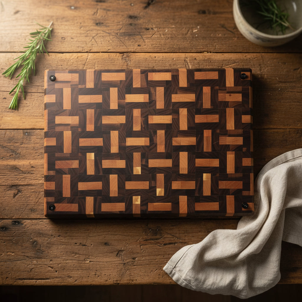 Handcrafted End Grain Cutting Board – 15" × 21" × 2" Walnut & Cherry Basket Weave with Juice Groove + Rubber Feet