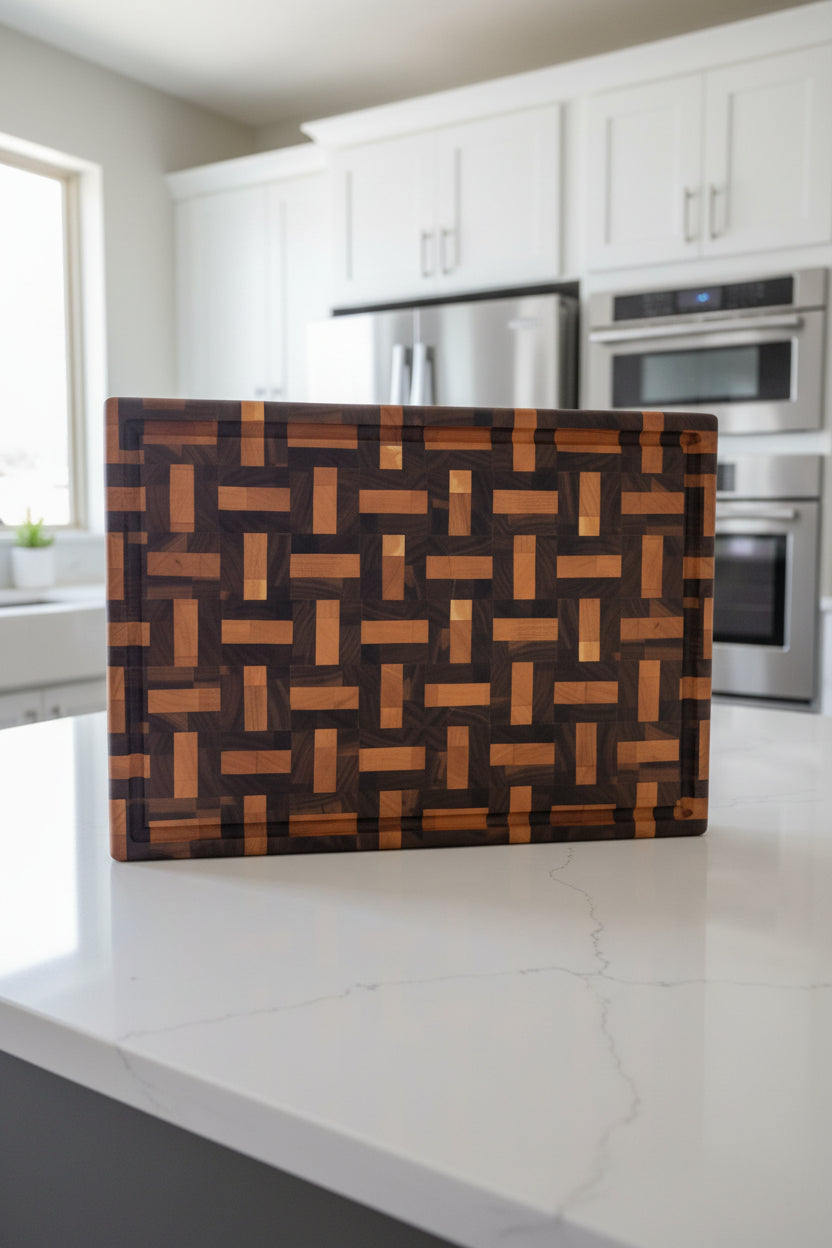 Handcrafted End Grain Cutting Board – 15" × 21" × 2" Walnut & Cherry Basket Weave with Juice Groove + Rubber Feet