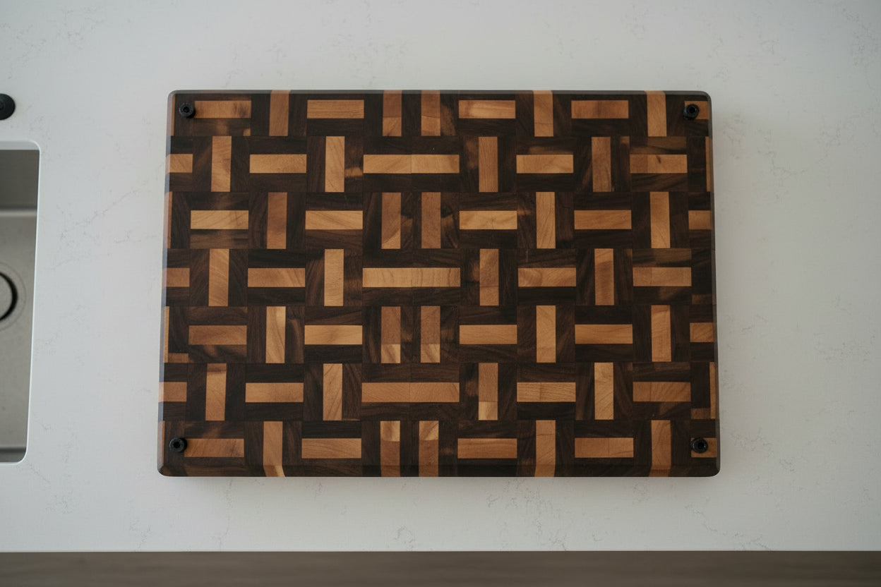 Handcrafted End Grain Cutting Board – 15" × 21" × 2" Walnut & Cherry Basket Weave with Juice Groove + Rubber Feet