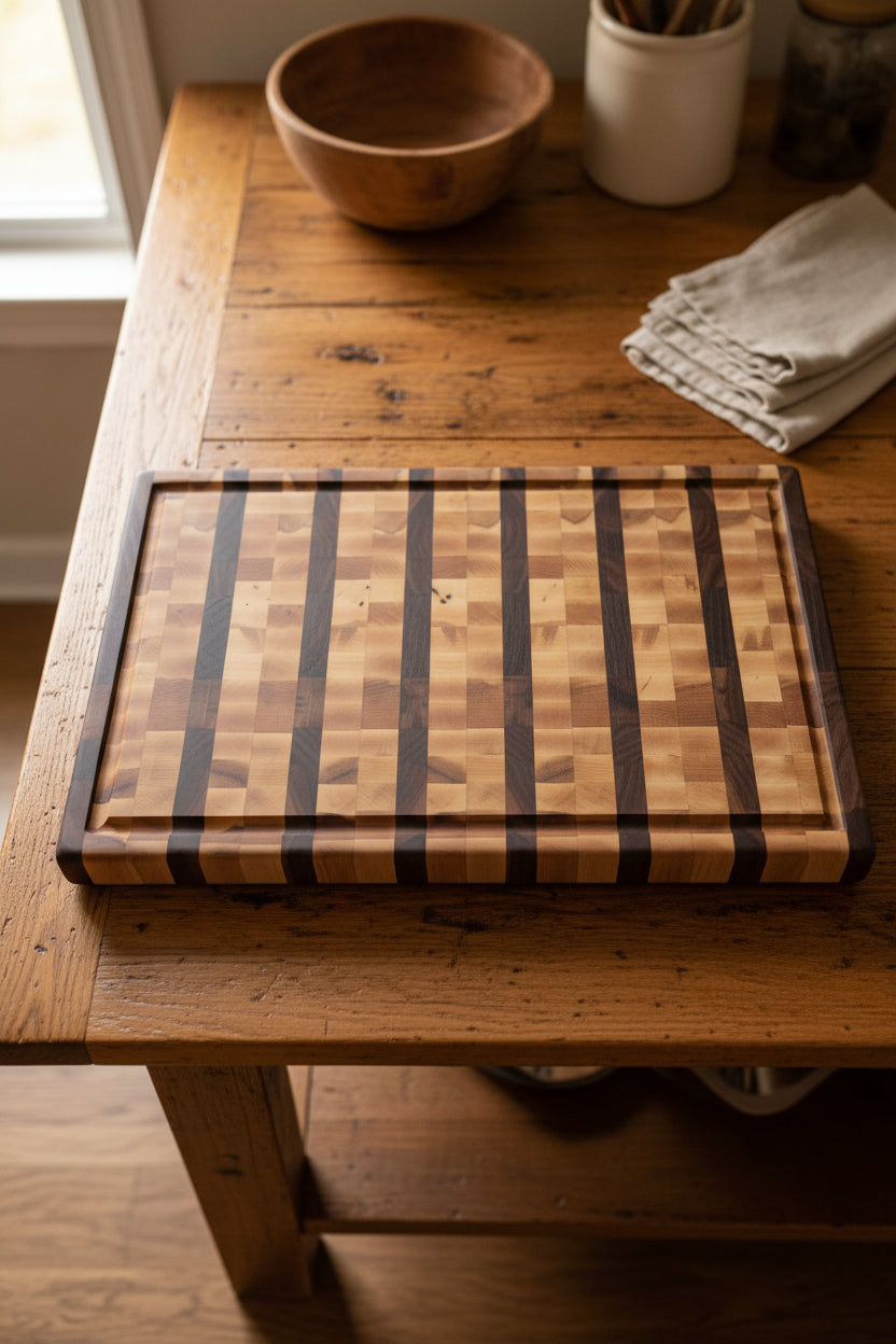 Handcrafted End Grain Cutting Board – 14" × 20" × 1.5" Walnut & Hard Maple with Juice Groove, Rubber Feet + Handholds