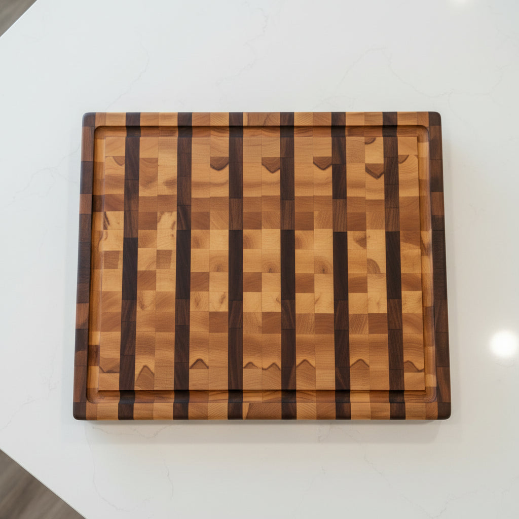 Handcrafted End Grain Cutting Board – 14" × 20" × 1.5" Walnut & Hard Maple with Juice Groove, Rubber Feet + Handholds