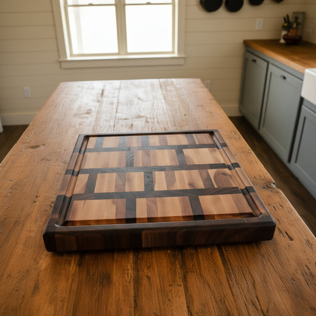 Handcrafted End Grain Cutting Board – 13" × 16" × 1.375" Walnut & Hard Maple with Juice Groove + Rubber Feet