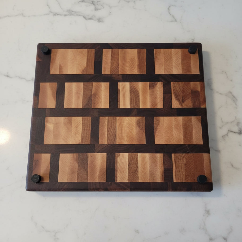 Handcrafted End Grain Cutting Board – 13" × 16" × 1.375" Walnut & Hard Maple with Juice Groove + Rubber Feet