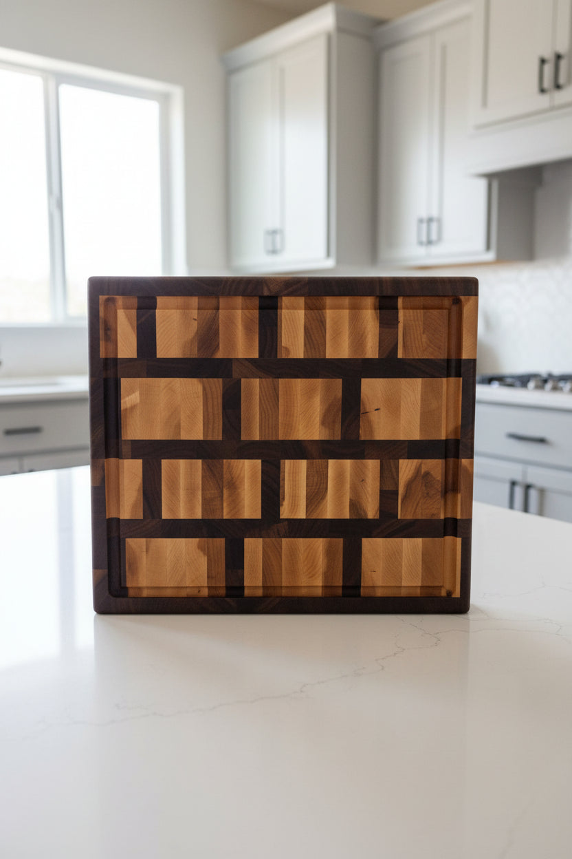 Handcrafted End Grain Cutting Board – 13" × 16" × 1.375" Walnut & Hard Maple with Juice Groove + Rubber Feet