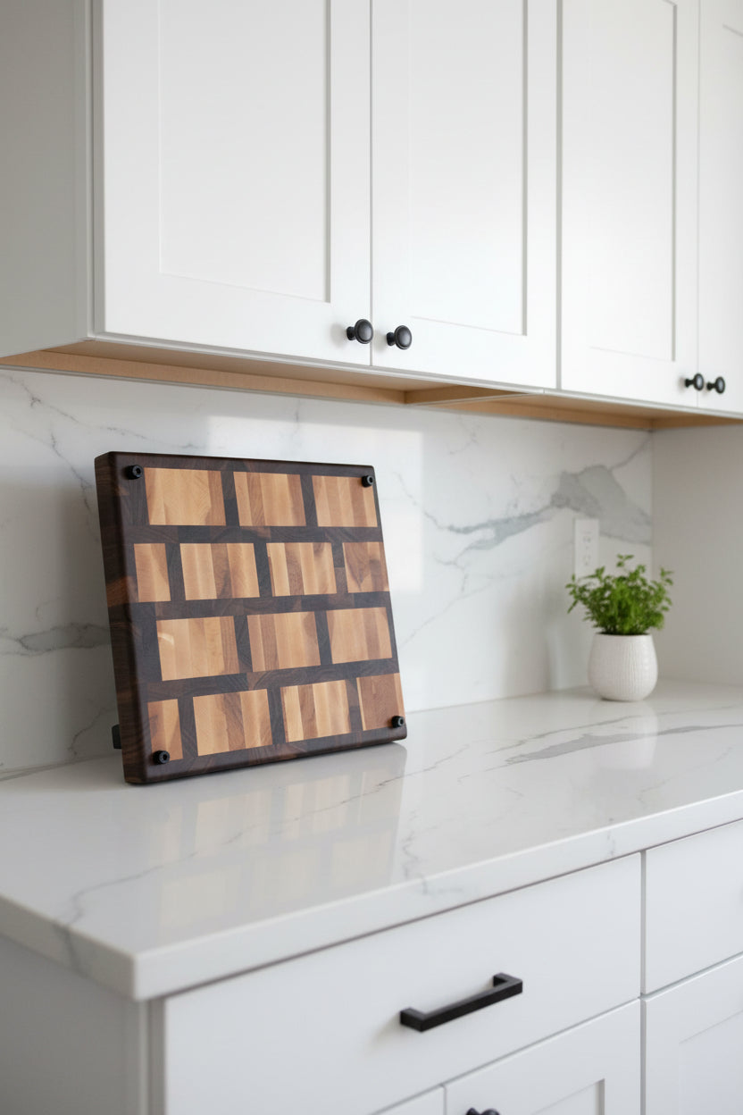 Handcrafted End Grain Cutting Board – 13" × 16" × 1.375" Walnut & Hard Maple with Juice Groove + Rubber Feet
