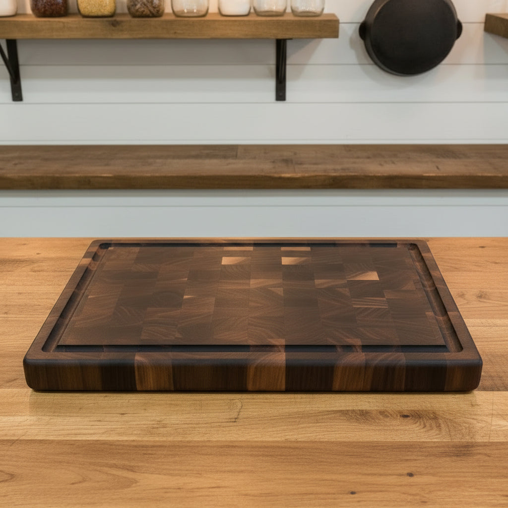 Handcrafted End‑Grain Black Walnut Butcher Block — 11.675 × 18 × 1.675" with Juice Groove & Rubber Feet