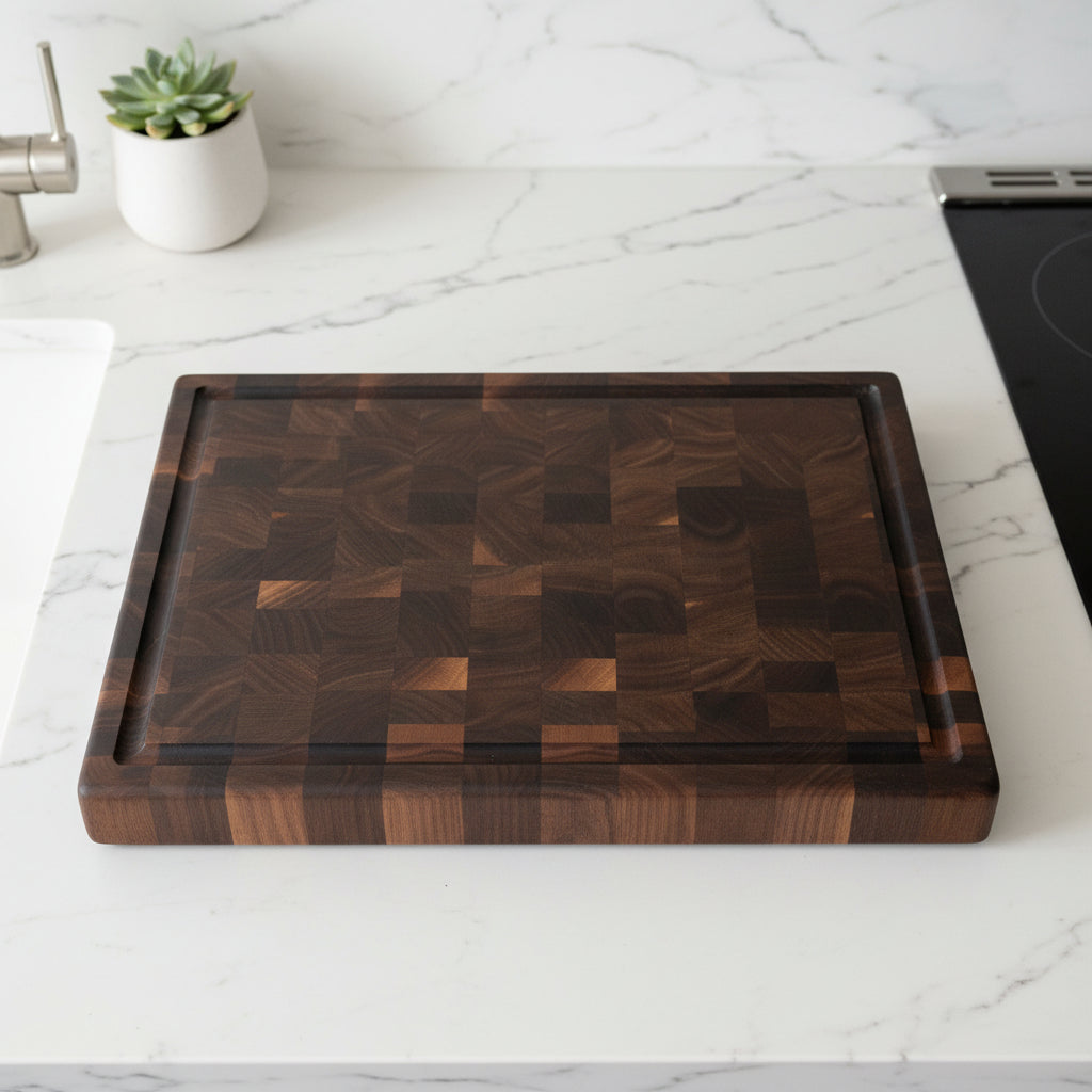 Handcrafted End‑Grain Black Walnut Butcher Block — 11.675 × 18 × 1.675" with Juice Groove & Rubber Feet