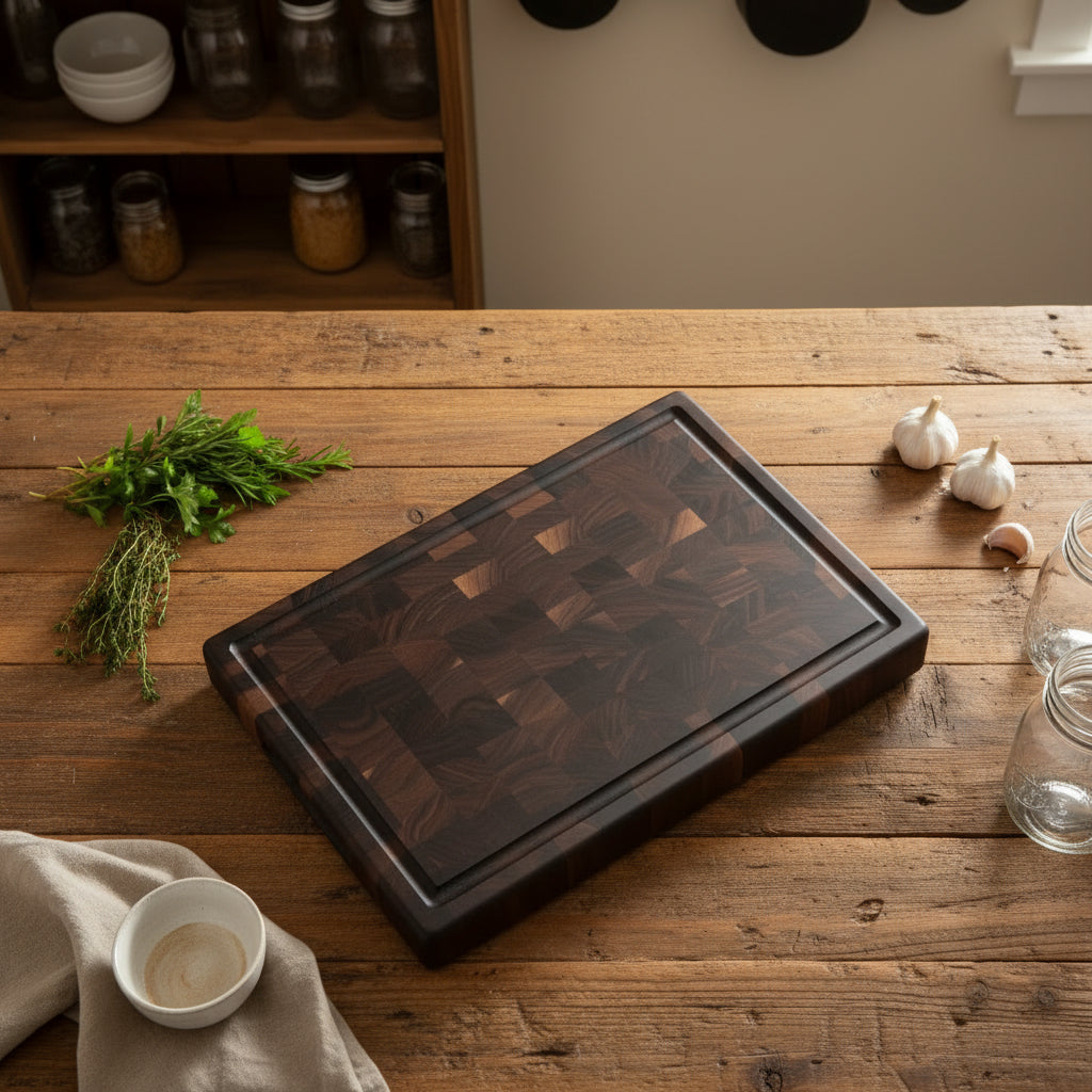 Handcrafted End‑Grain Black Walnut Butcher Block — 11.675 × 18 × 1.675" with Juice Groove & Rubber Feet
