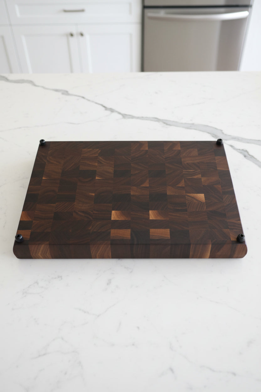 Handcrafted End‑Grain Black Walnut Butcher Block — 11.675 × 18 × 1.675" with Juice Groove & Rubber Feet