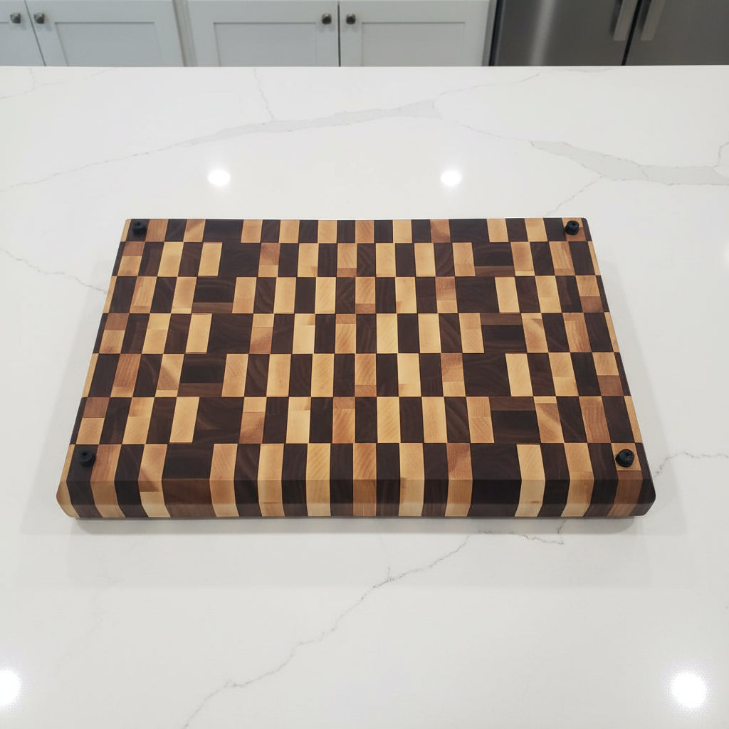 Handcrafted End‑Grain Maple & Black Walnut Cutting Board — 12.5 × 19.5 × 2" with Juice Groove & Rubber Feet