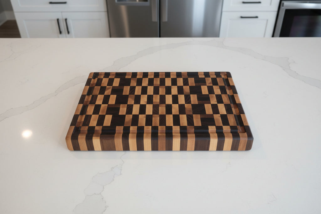 Handcrafted End‑Grain Maple & Black Walnut Cutting Board — 12.5 × 19.5 × 2" with Juice Groove & Rubber Feet