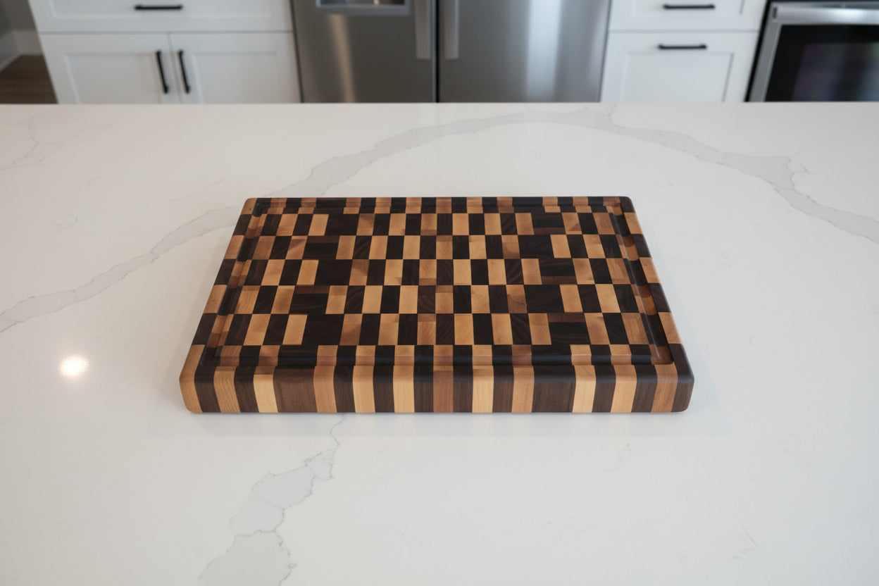 Handcrafted End‑Grain Maple & Black Walnut Cutting Board — 12.5 × 19.5 × 2" with Juice Groove & Rubber Feet