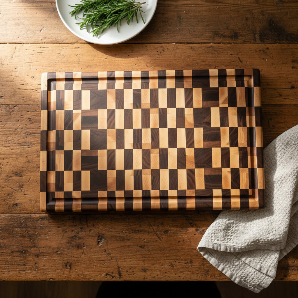 Handcrafted End‑Grain Maple & Black Walnut Cutting Board — 12.5 × 19.5 × 2" with Juice Groove & Rubber Feet