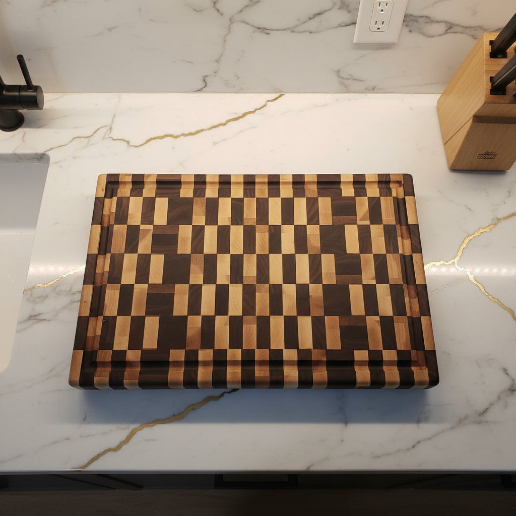 Handcrafted End‑Grain Maple & Black Walnut Cutting Board — 12.5 × 19.5 × 2" with Juice Groove & Rubber Feet