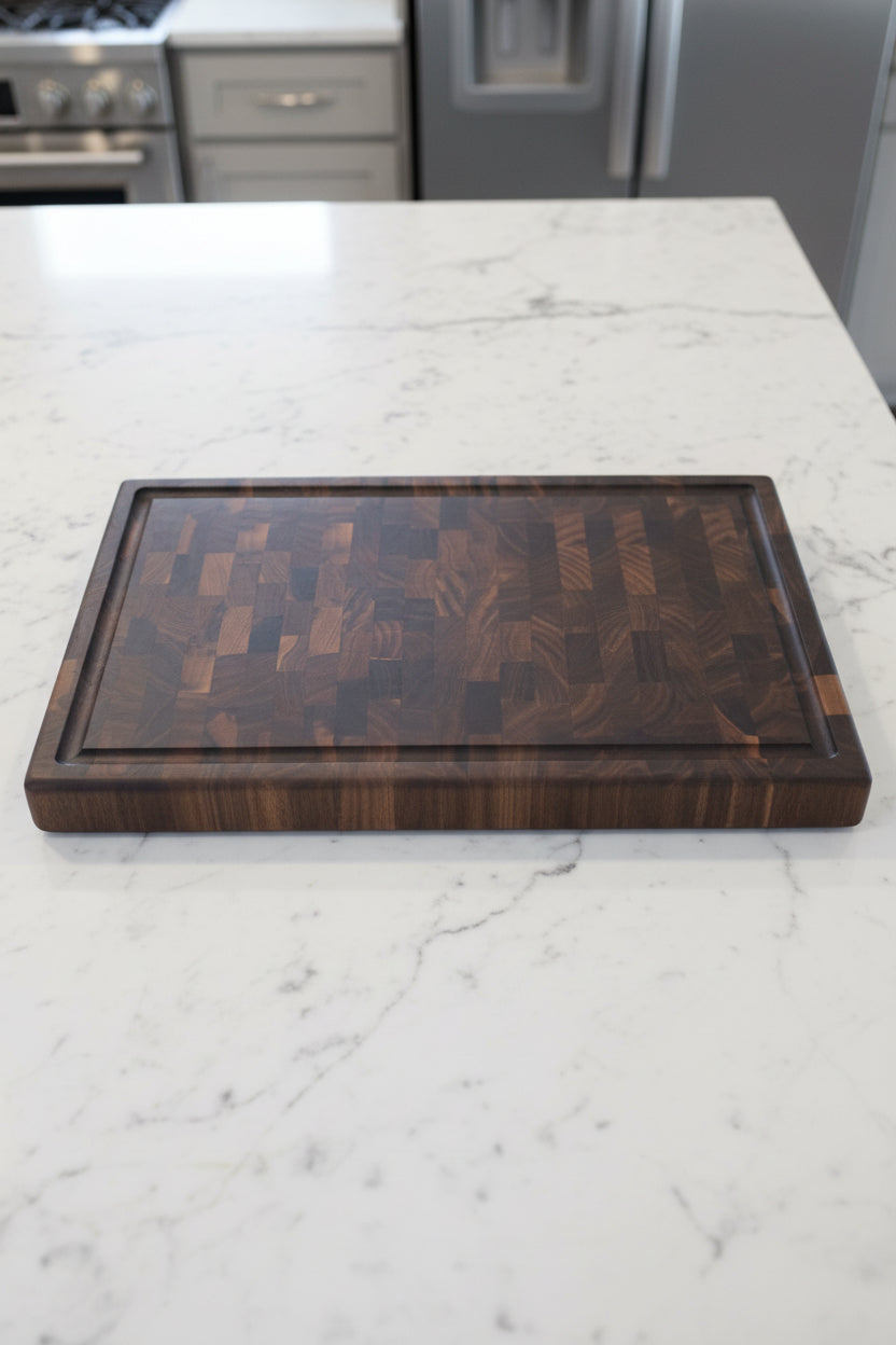 Handcrafted End‑Grain Black Walnut Cutting Board — 11.675 × 18 × 1.675" with Juice Groove & Rubber Feet