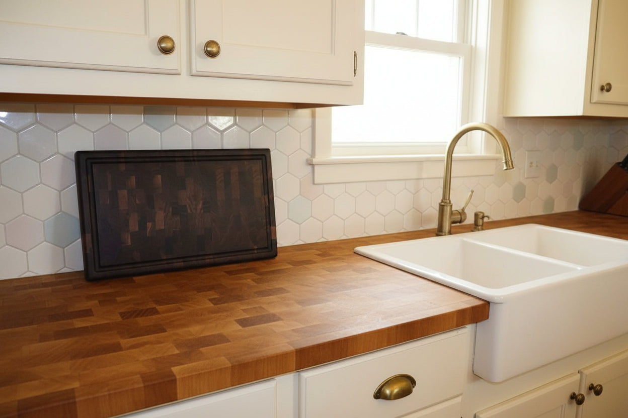 Handcrafted End‑Grain Black Walnut Cutting Board — 11.675 × 18 × 1.675" with Juice Groove & Rubber Feet