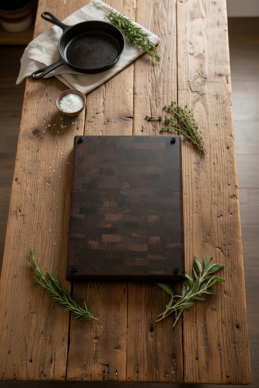 Handcrafted End‑Grain Black Walnut Cutting Board — 11.675 × 18 × 1.675" with Juice Groove & Rubber Feet