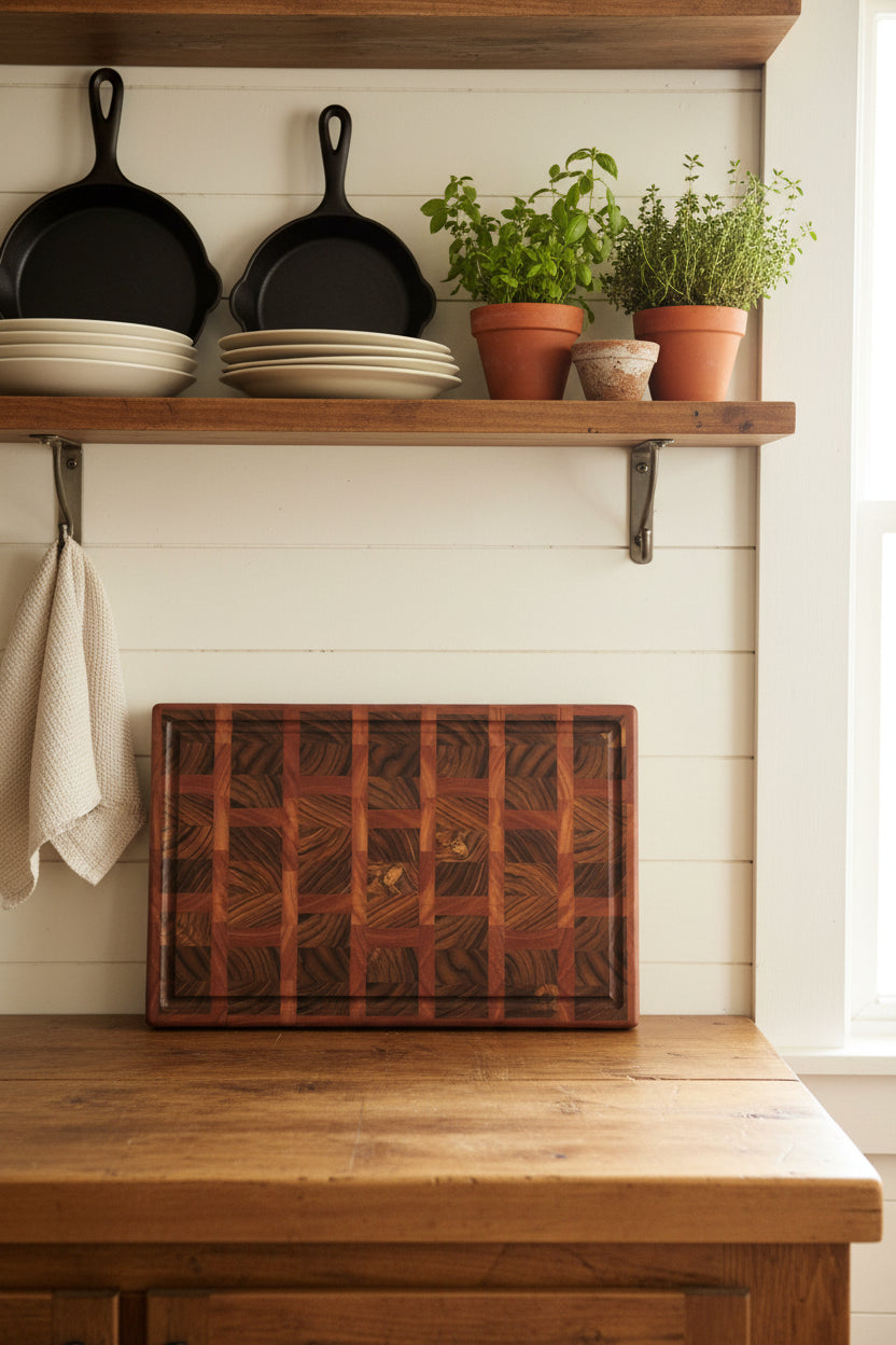 Handcrafted End‑Grain Cutting Board — Burmese Teak & Red Grandis (Eucalyptus) — 12.25 × 19.5 × 2" with Juice Groove & Rubber Feet