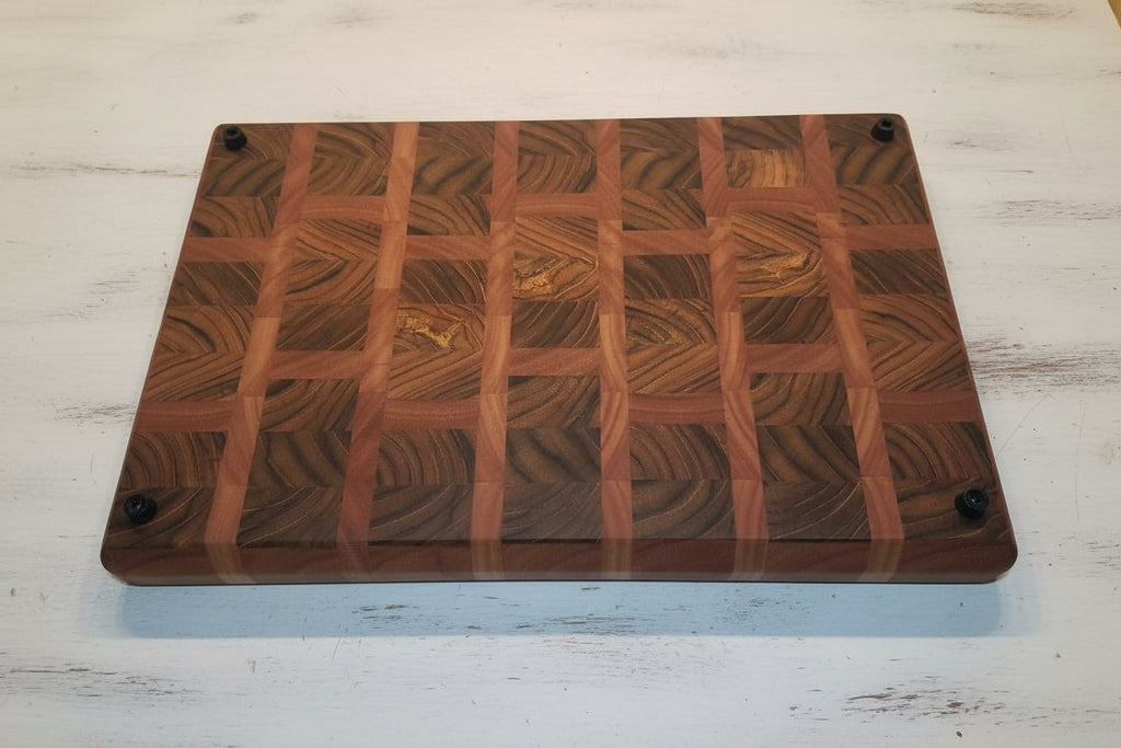 Handcrafted End‑Grain Cutting Board — Burmese Teak & Red Grandis (Eucalyptus) — 12.25 × 19.5 × 2" with Juice Groove & Rubber Feet