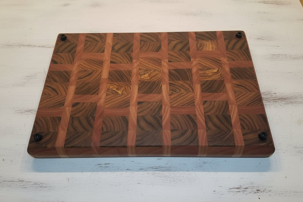 Handcrafted End‑Grain Cutting Board — Burmese Teak & Red Grandis (Eucalyptus) — 12.25 × 19.5 × 2" with Juice Groove & Rubber Feet