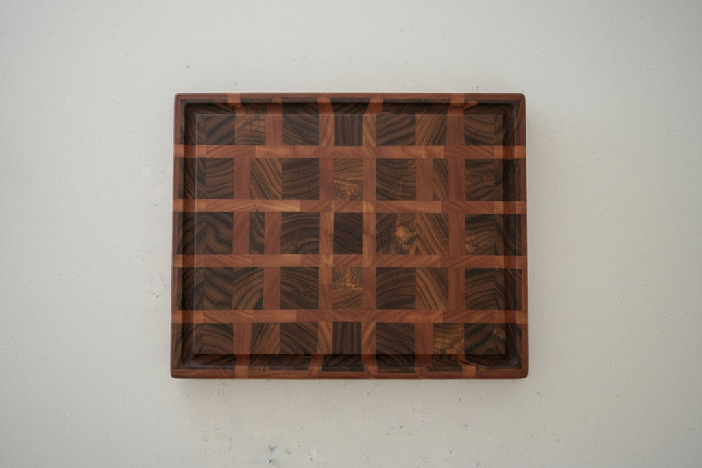 Handcrafted End‑Grain Cutting Board — Burmese Teak & Red Grandis (Eucalyptus) — 12.25 × 19.5 × 2" with Juice Groove & Rubber Feet