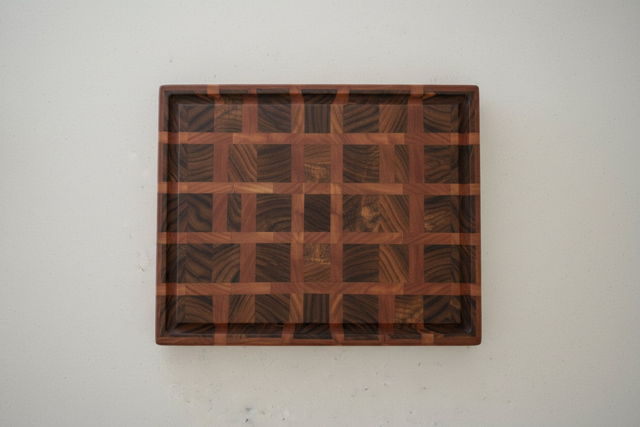 Handcrafted End‑Grain Cutting Board — Burmese Teak & Red Grandis (Eucalyptus) — 12.25 × 19.5 × 2" with Juice Groove & Rubber Feet