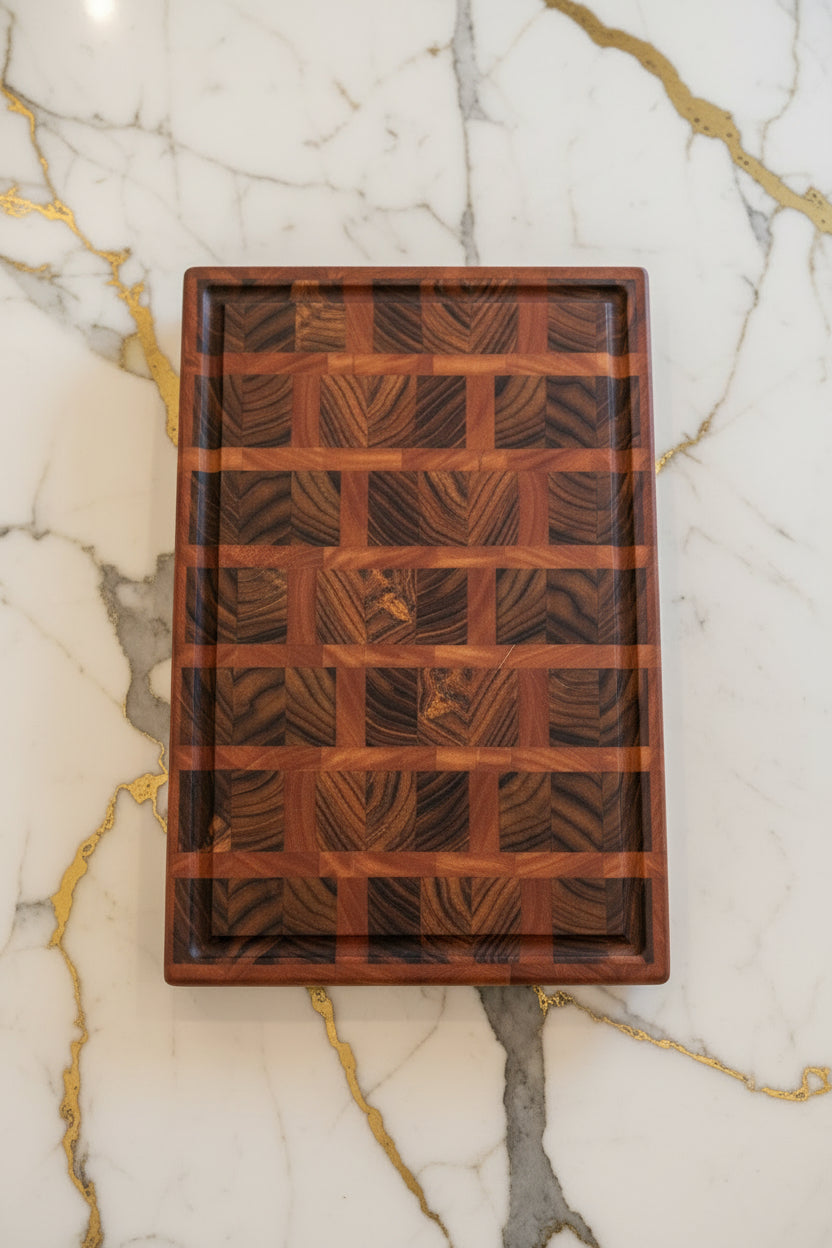 Handcrafted End‑Grain Cutting Board — Burmese Teak & Red Grandis (Eucalyptus) — 12.25 × 19.5 × 2" with Juice Groove & Rubber Feet