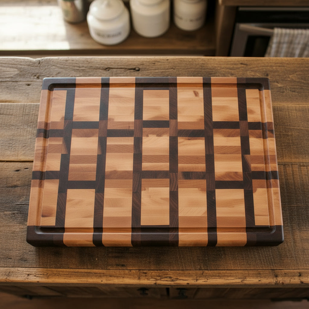 Handcrafted End‑Grain Maple & Black Walnut Cutting Board — 15 × 21 × 2.5" with Juice Groove & Handholds