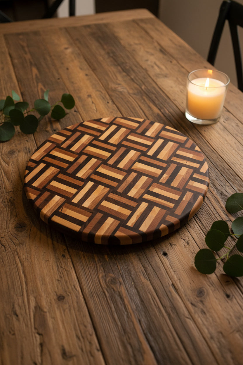 Handcrafted 16" Round End‑Grain Cutting Board — Black Walnut, Cherry & Northern Hard Maple with Rubber Feet