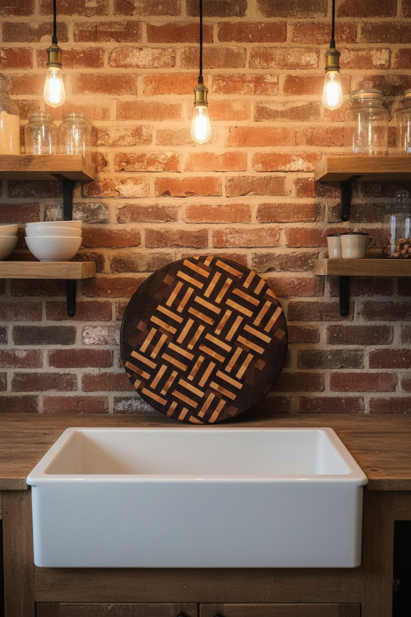 Handcrafted 16" Round End‑Grain Cutting Board — Black Walnut & Northern Hard Maple with Rubber Feet